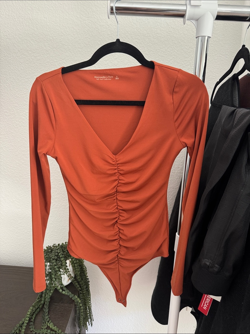 Abercrombie & Fitch Burnt Orange Ruched V-Neck Long Sleeve Bodysuit